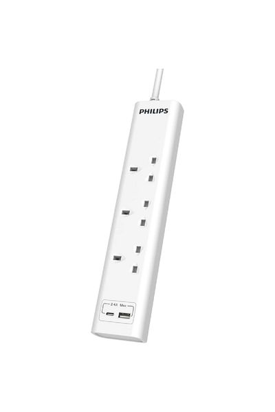 Philips 13A 3-Socket 2-USB UK Plug Power Extension Cord White 3m