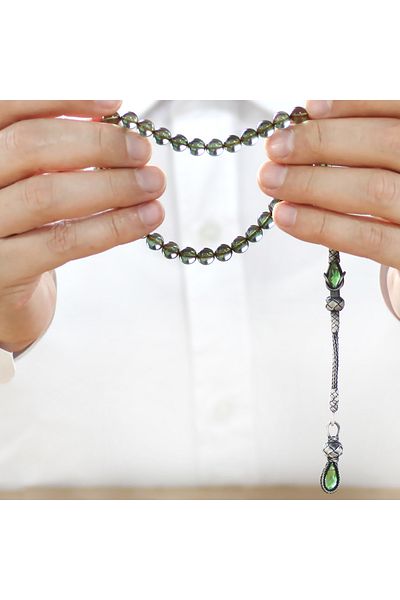 Tesbihane 1000 Sterling Silver Kazaz Tassel Sphere Cut Water Green Fire Amber Prayer Beads