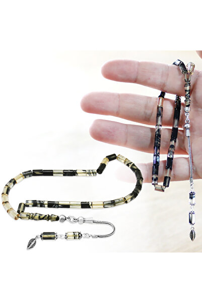 Tesbihane 925 Ayar Gümüş Püsküllü Kesme Kesim Bilek Boy Siyah Beyaz Ateş Kehribar Tesbih