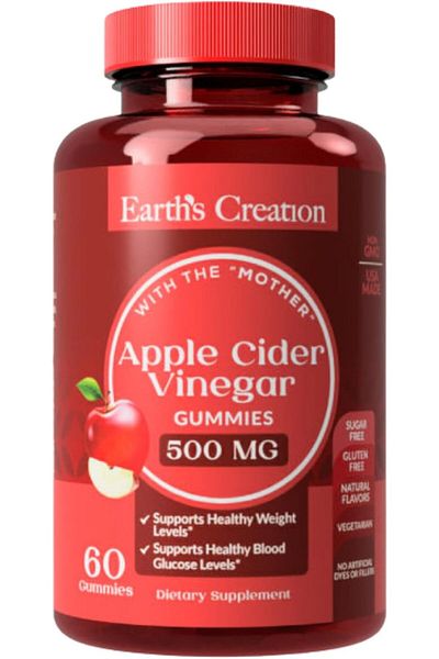 Earth's Creation Apple Cider Vinegar 60 Gummies, Sugar-Free, Gluten-Free, Non-GMO, Natural Flavors, Made in USA