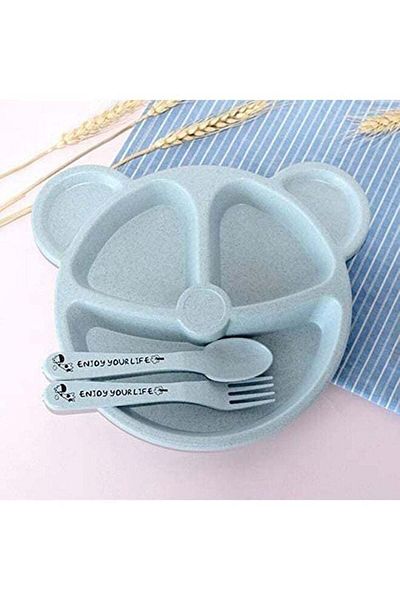COOYA 3-Piece Wheat Straw Dinnerware Set Toddler Divided Plates Bowl Cup with Utensils for Kids
