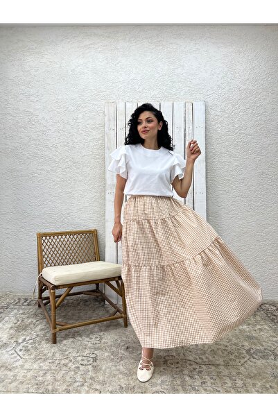 KÜÇÜĞÜM BUTİK Cream Layered Gingham Skirt
