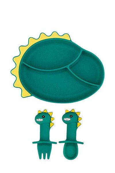 COOYA 3 Pcs Baby Feeding Bowl Spoon Fork Set, Cartoon Dinosaur Silicone Suction Divided Plate