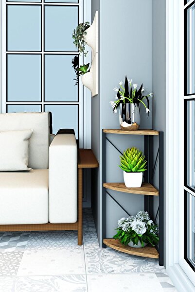 Remaks Datça 3 Raflı Metal Köşe Çiçeklik Saksılık Rafı Dekoratif Aksesuar Rafı Ceviz