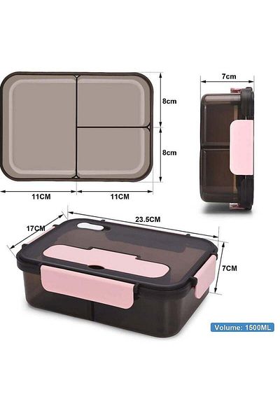 COOYA Lunch Box, 3 Compartment for Kids and Adults, 1500ml Plastic Lunch Box with Spoon and Fork,Pink