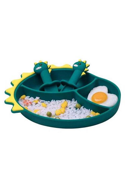 COOYA 3 Pcs Baby Feeding Bowl Spoon Fork Set, Cartoon Dinosaur Silicone Suction Divided Plate
