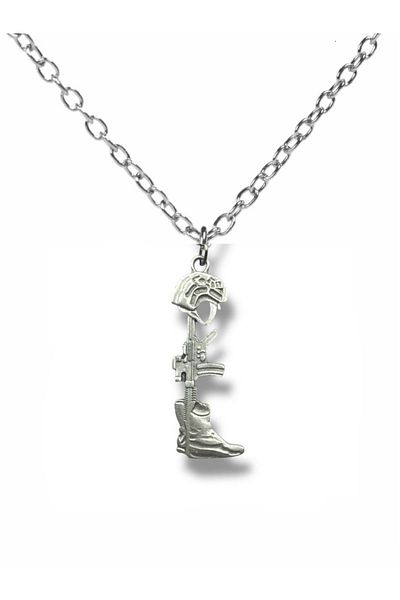 Herşey Nota Soldier Figured Helmet and Boots Detailed Necklace – Silver Color Zamak Metal Unisex Military Jewelry