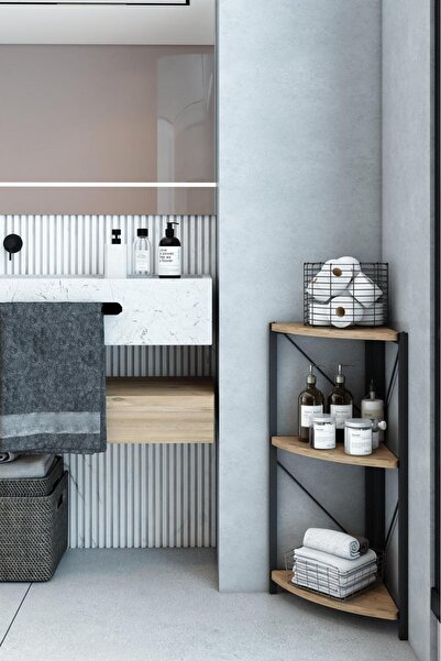 Remaks Datça 3 Raflı Metal Köşe Kitaplık Rafı Dekoratif Aksesuar Rafı Ceviz