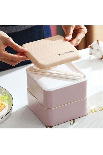 Saharaz Square Lunch Box,Double Layer Wooden Lunch Box with Tableware Adult Student Lunch Box 1.4l Pink