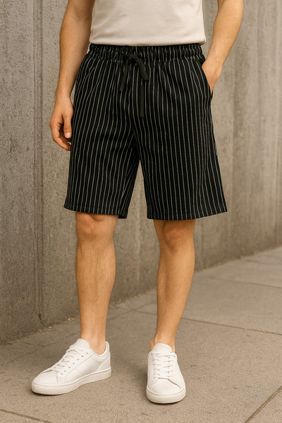 FATELLA Erkek Siyah Beyaz Çizgili Büyük Beden Rahat Kesim Yazlık Penye Şort