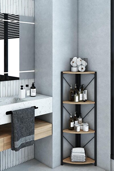 Remaks Datça 4 Raflı Metal Köşe Kitaplık Rafı Dekoratif Aksesuar Rafı Ceviz