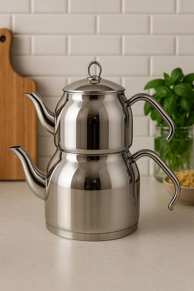 DOWRY STİL Metal Handle Medium Size Stainless Steel 1.3-2.25 Lt. Teapot Set