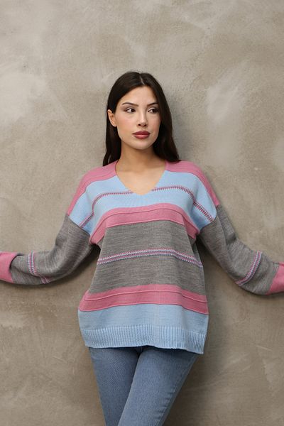 ALCHON V-Neck Long Sleeve Wide Loose Cut Three Color Skirt Elastic Color Block Basic Seasonal Knitwear Sweater
