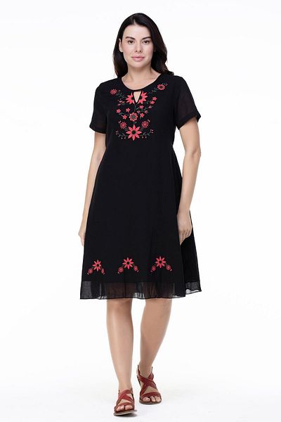 Eliş Şile Bezi Short Sleeve Plus Size Voile Neslihan Midi Length Floral Pattern Summer Dress Black Syh