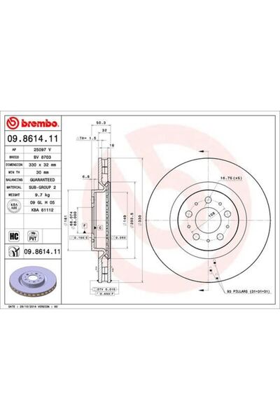 Brembo ÖN FREN AYNASI VOLVO S60 2.5T AWD 384 2003-2010 V70 II 284 2003-2007 3...