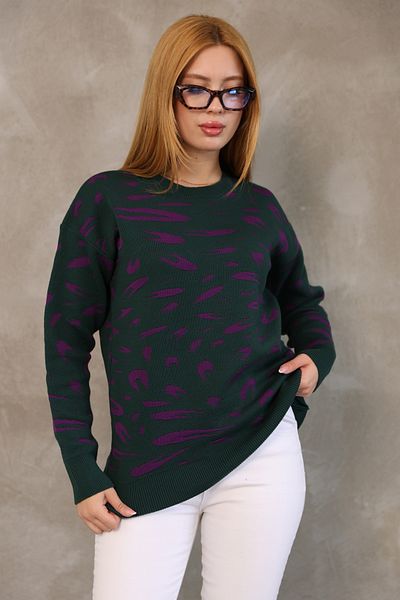 ALCHON Round Neck Long Sleeve Jacquard Panel Peacock Pattern Winter Knitwear Sweater with Elastic Waist