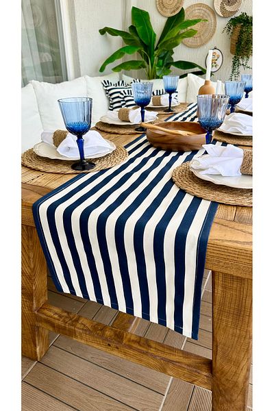Decamor home Marine Navy Blue Striped Worry-Free Stain-Proof Liquid-Proof Runner
