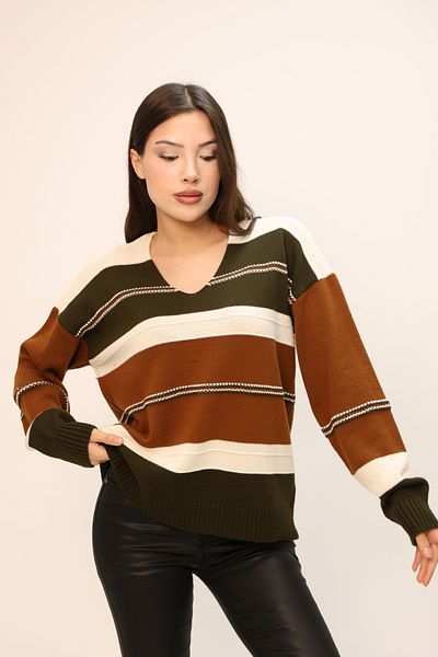 ALCHON V-Neck Long Sleeve Wide Loose Cut Three Color Skirt Elastic Color Block Basic Seasonal Knitwear Sweater