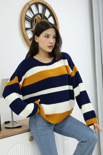 ALCHON Round Neck Long Sleeve Comfortable Loose Cut Three Color Striped Basic Plain Winter Knitwear Sweater