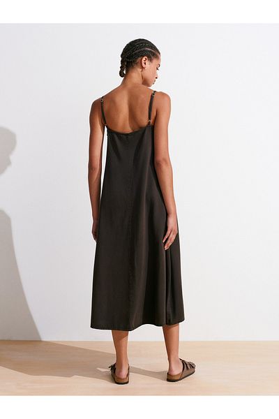 Dilvin 90562 Thin Strap Piece Dye Denim Dress-Brown