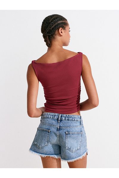Dilvin 31862 Gathered Off-The-Shoulder Top-Open Claret Red