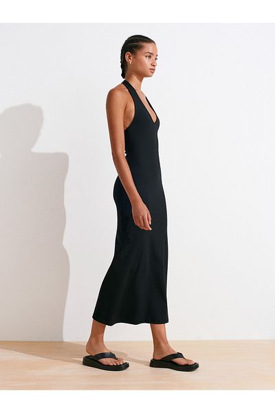 Dilvin 91476 Halter Neck Midi Dress-Black