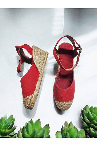 GokceKundura06 Wedge Heel Open Back Straw Linen Sandals