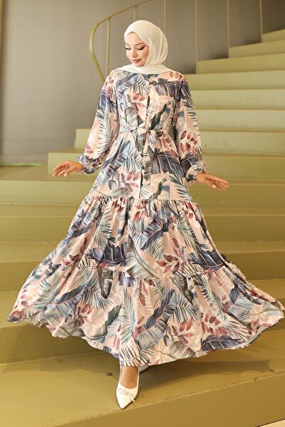 benguen Desenli Tesettür Elbise Pudra 565