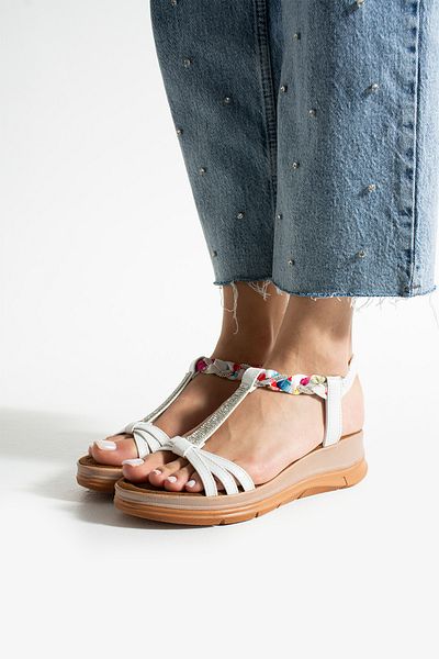 Ayax White Three-Striped Casual Women's Sandals with Stone Accessories