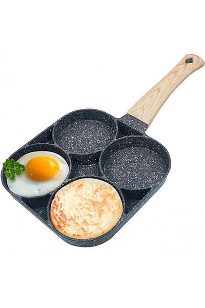 SIKS ® Non-stick Frying Pan, 4 Compartments, Egg Preparation, Pancakes, Sandwiches, Wooden Handle