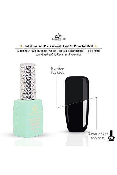 global fashion Steel No Wipe Top Coat 12ml - UV/LED Cure, Super Glossy Shine, Long-Lasting, Anti-Scratch