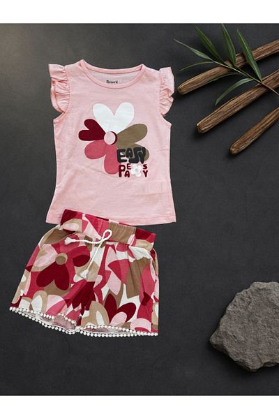Rhythm Clothing Miniworld Flower and Letter Print, Full Cotton, Ruffle Detail, Shorts Girls' Bottom-Top Set