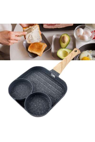 SIKS Non-Stick Frying Pan, 3 Compartments, Egg Preparation, Pancakes, Sandwiches, Wooden Handle