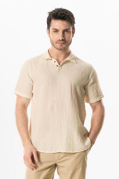 Eliş Şile Bezi Κοντομάνικο Polo Neck Muslin Καλοκαιρινό Tshirt Μπεζ Μπεζ