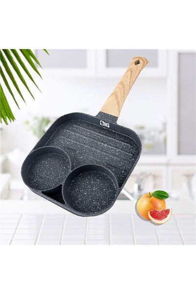 SIKS Non-stick Frying Pan, 3 Compartments, Egg Preparation, Pancakes, Sandwiches, Wooden Handle