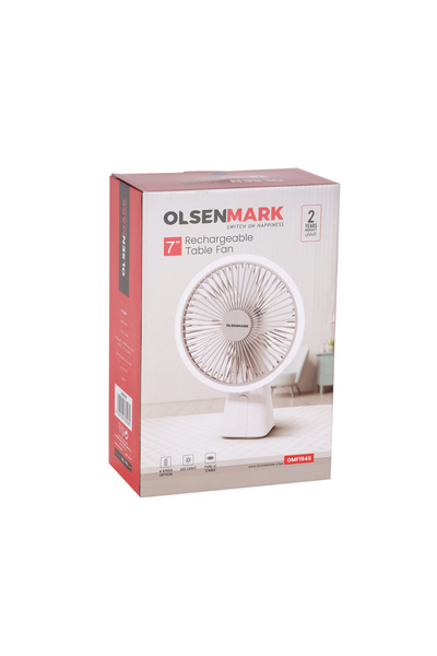 Olsenmark 7” Rechargeable Table Fan with LED Light & 4 Speeds – 3–7 Hour Runtime