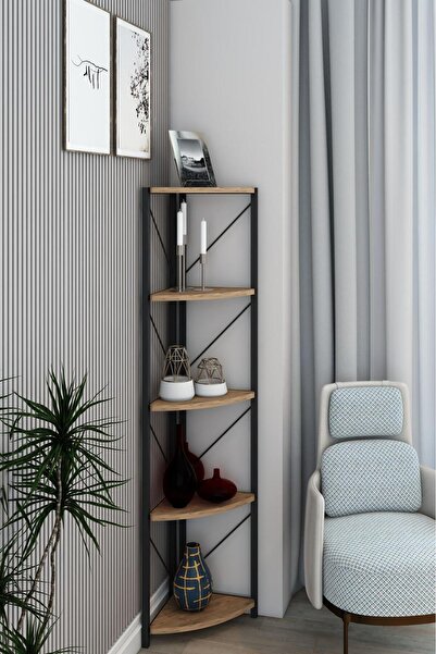 Remaks Datça 5 Raflı Metal Köşe Çiçeklik Saksılık Rafı Dekoratif Aksesuar Rafı Ceviz