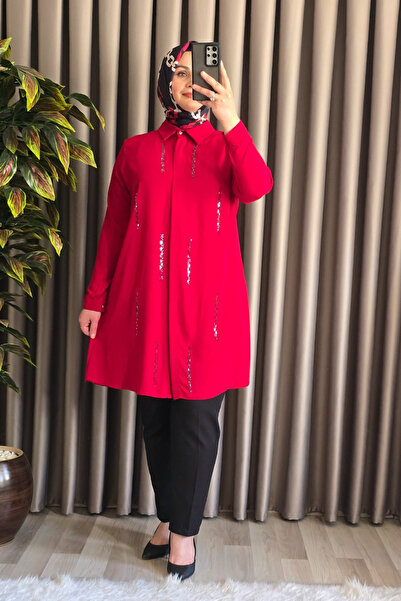 Elmas Tesettür Γυναικεία Ρούχα Χιτζάμπ Μεγάλου Μεγέθους Πουκάμισο από Κρεπ με Πέτρες