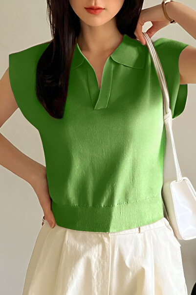 AQE FASHION Bluză de mentă pentru femei, cu mâneci zero, cu gât polo, fără mâ...