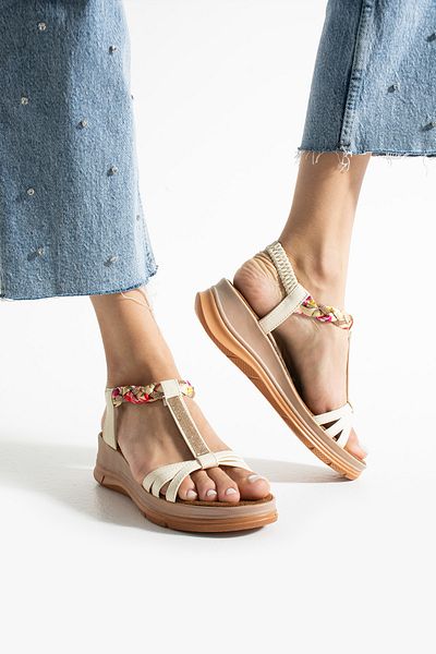 Ayax Beige Three-Striped Casual Women's Sandals with Stone Accessories