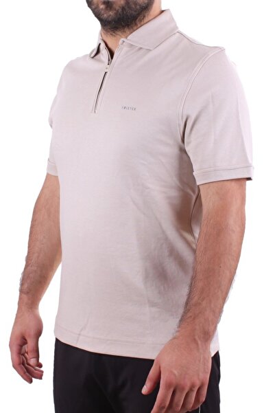 Twister Jeans Twister 2298 Μπεζ καθημερινό κοντομάνικο ανδρικό μπλουζάκι με βαμβακερό γιακά πόλο με φερμουάρ