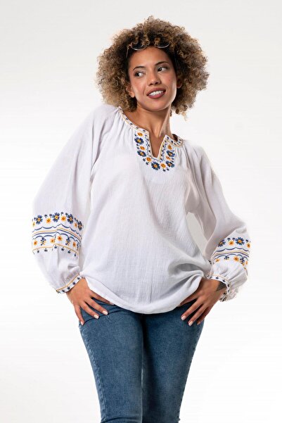 Eliş Şile Bezi Μακρυμάνικη υφασμάτινη μπλούζα Şile Rosehugh με κέντημα με λαιμόκοψη V White Byz