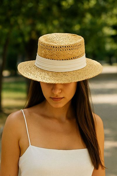 LAGRANZE Women's Beige Banded Round Wide Brim Straw Fedora Hat
