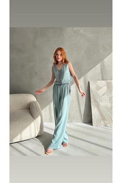 Maison La Femme Women's Sequin V Neck Blouse Wide Leg Pants