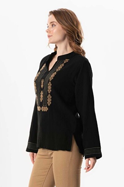 Eliş Şile Bezi Uzun Kol İbiza Nakışlı Kadın Müslin Yazlık Tshirt Siyah Syh