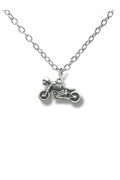 Herşey Nota Motorcycle Necklace with Skull Figure – Gothic Style Silver Color Unisex Chain Jewelry