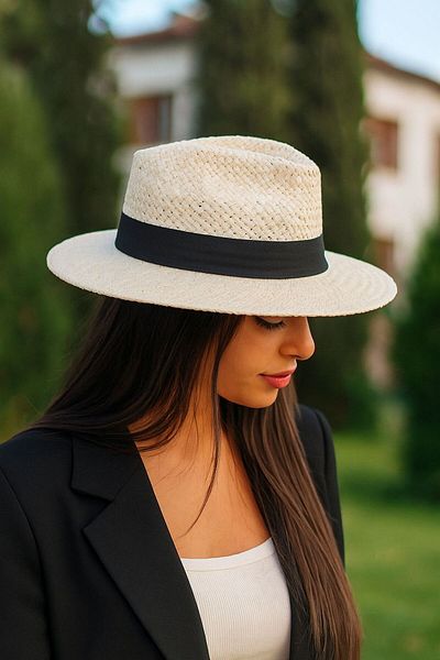LAGRANZE Women's Beige Banded Round Wide Brim Straw Fedora Hat