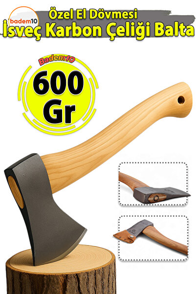 Badem10 600 Gram 38 Cm El Yapımı İthal İsveç Karbon Çelik Yarma Odun Kesme Ahşap Saplı Balta Ergonomik Kamp