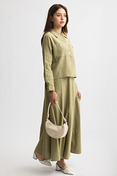 Suede Style 5757 - Κομψό άνετο γυναικείο σετ πουκάμισο-φούστα από λινό