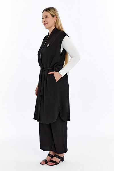 Laden Plus Size Women's Summer Oversized Hijab Pants Belted Brooch Pocket Long Vest Double Suit